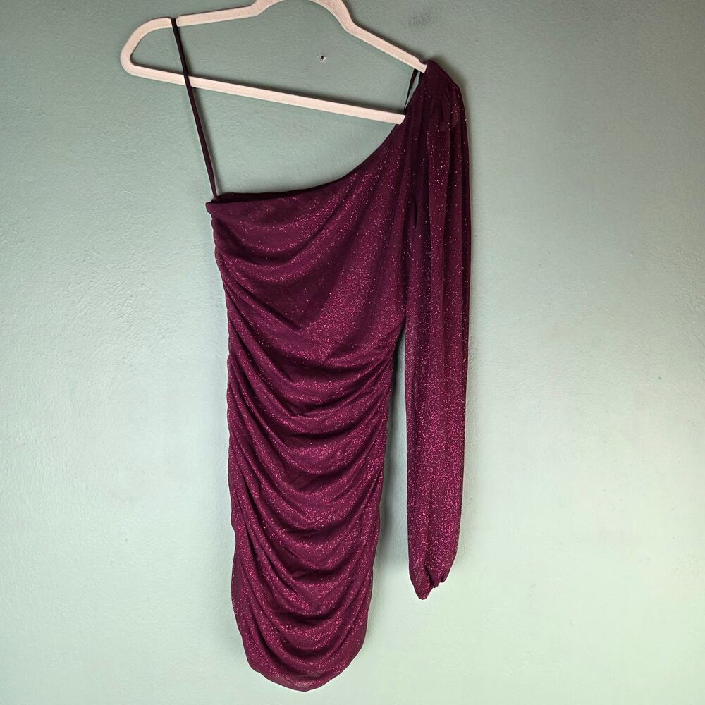 Jump Apparel Dress Single Sleeve Ruched Glitter Mesh Minidress Medium Wine Hoco